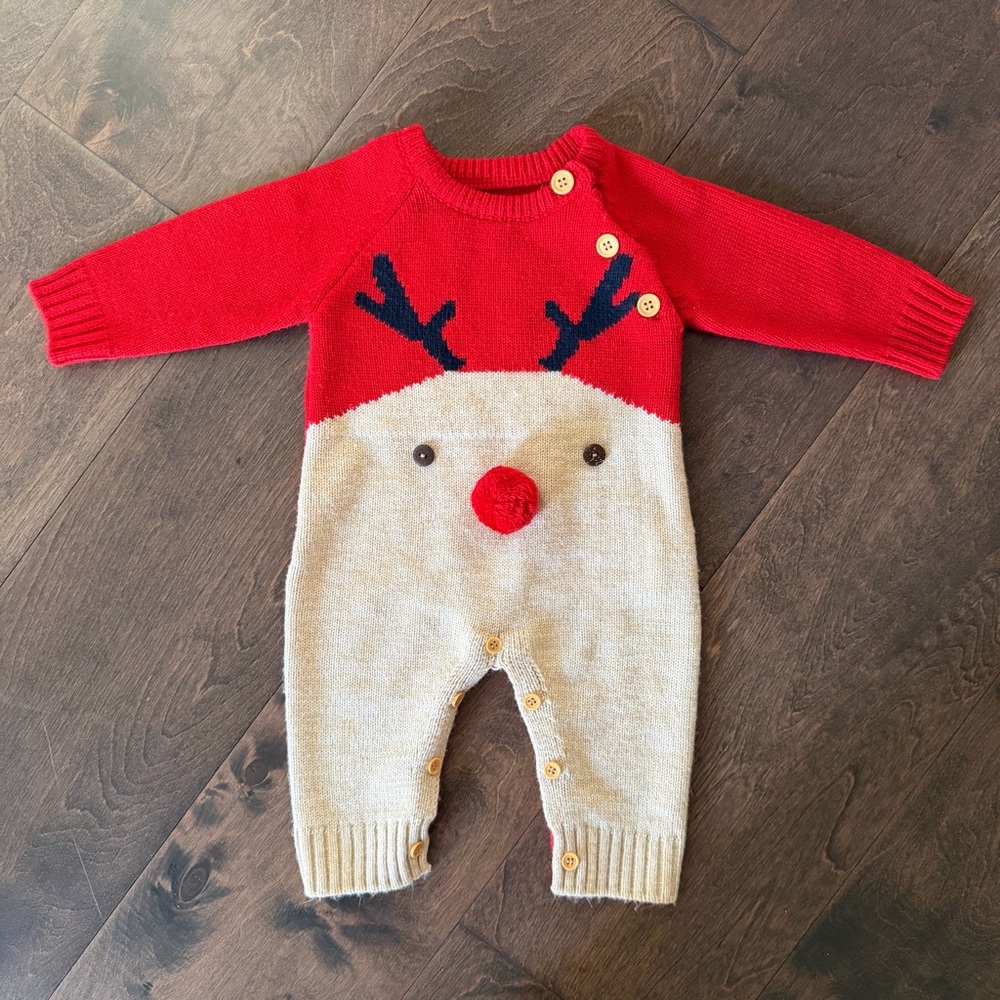 Festive Red and Cream Reindeer Baby Outfit